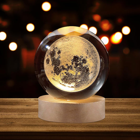 3D Crystal Moon Lamp LED Night Light – Premium Crystal Ball Moon Lamp with Wooden Base for Bedroom, Home Décor &amp; Gift