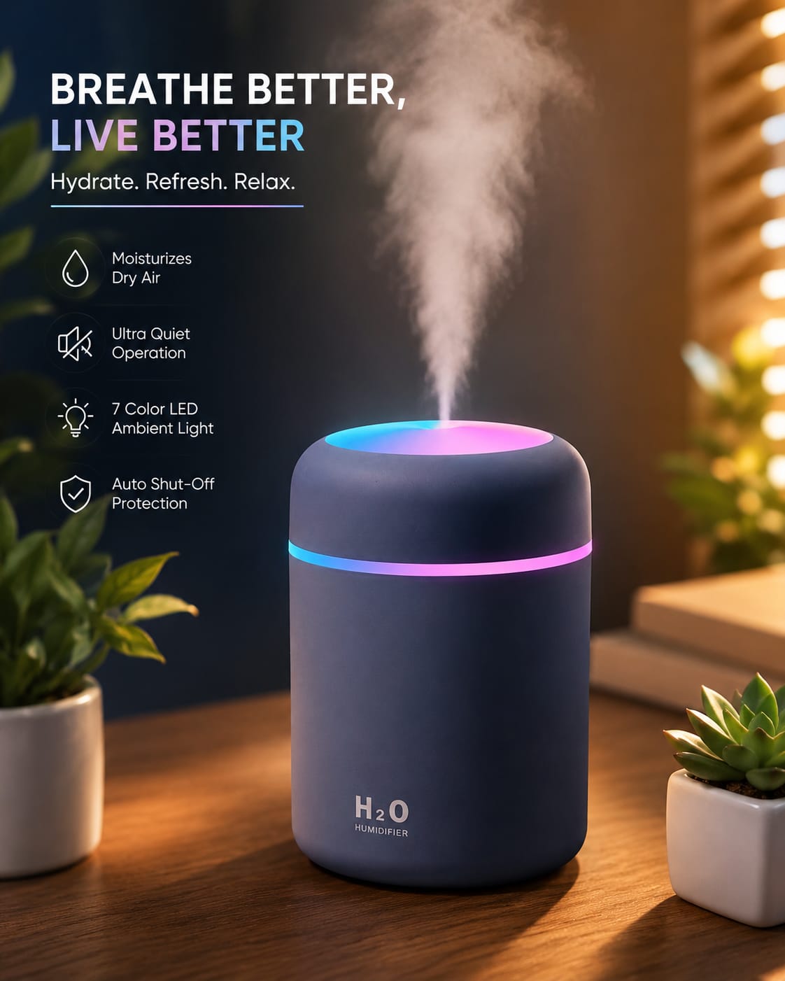 Portable Mini Air Humidifier USB Mist Diffuser with LED Night Light – Silent Cool Mist for Home, Office &amp; Car