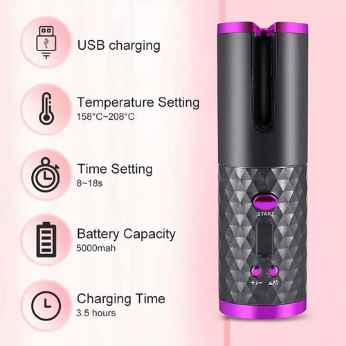 Cordless Automatic Hair Curler – Portable USB Rechargeable Ceramic Curling Iron for Salon-Style Curls